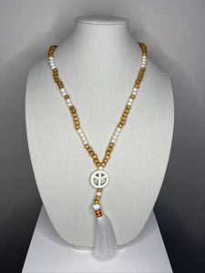 White Wood Beads Necklace Love Peace